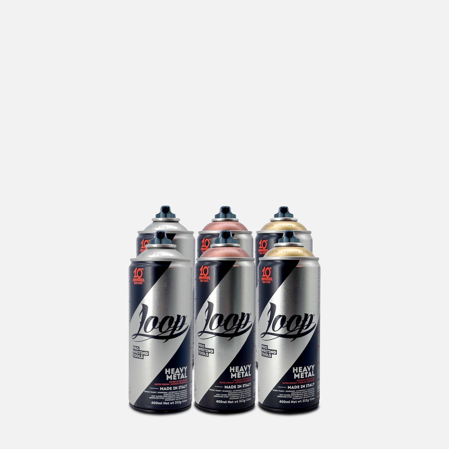 2 cans of loop silver lp-400 400ml and 2 cans of copper lp-402 and 2 cans of gold lp-401 on grey background