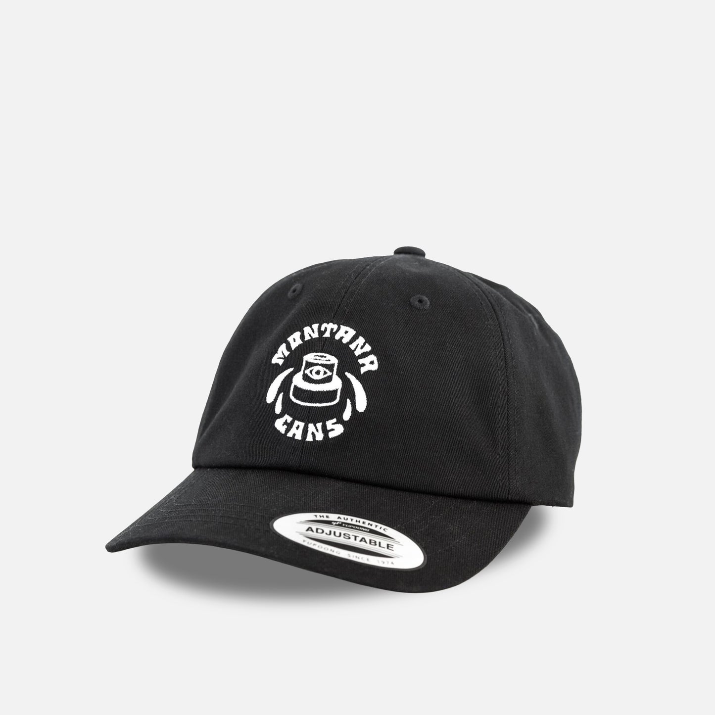 Black cap with white logo on a light gray background