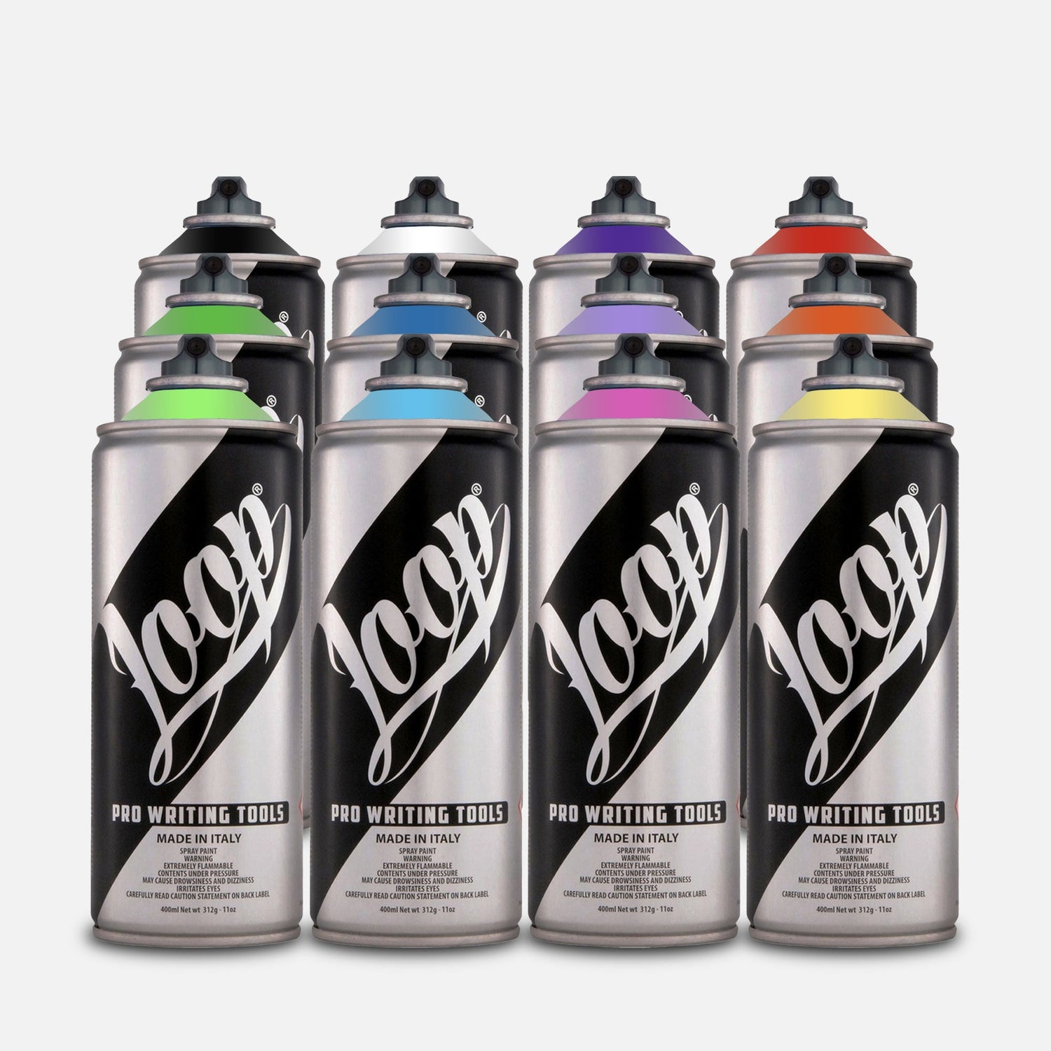 Loop spray paint 12 pack on a grey background