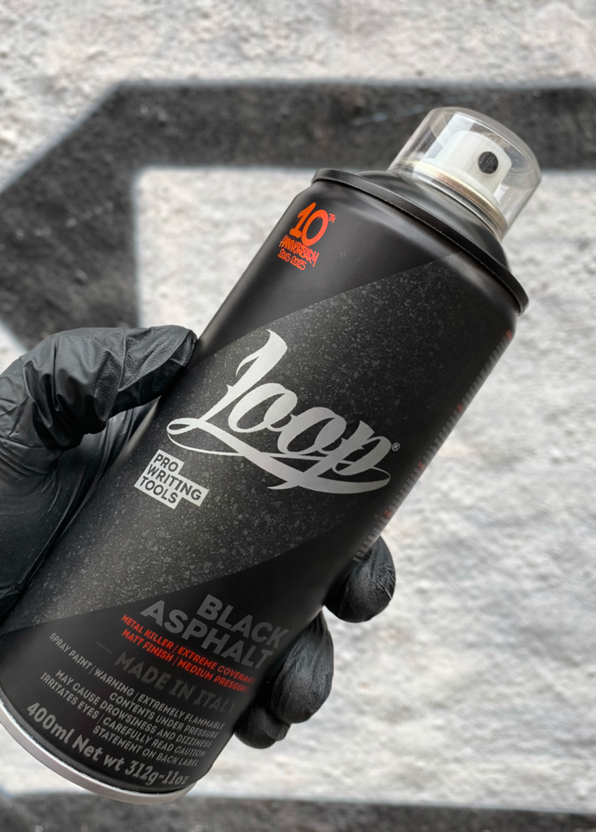 Loop Black Asphalt 400ml graffiti spray paint with ultra matte black finish