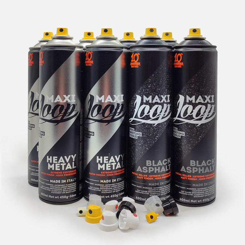 Maxi loop spray paint pack with black asphalt and silver heavy metal with yellow caps
