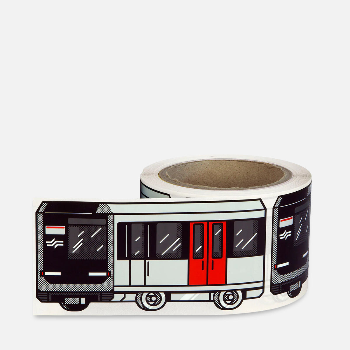 Roll of stickers with a Black,Grey,Red train Amsterdam Metro design on a grey background