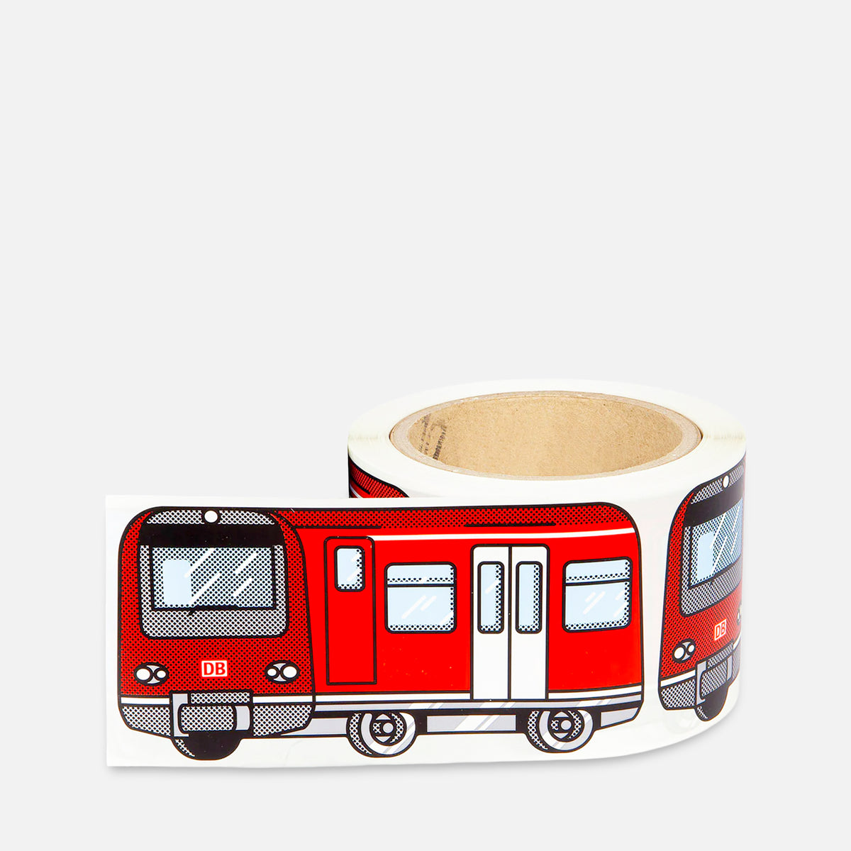 Roll of stickers with a Red train German s train design on a grey background