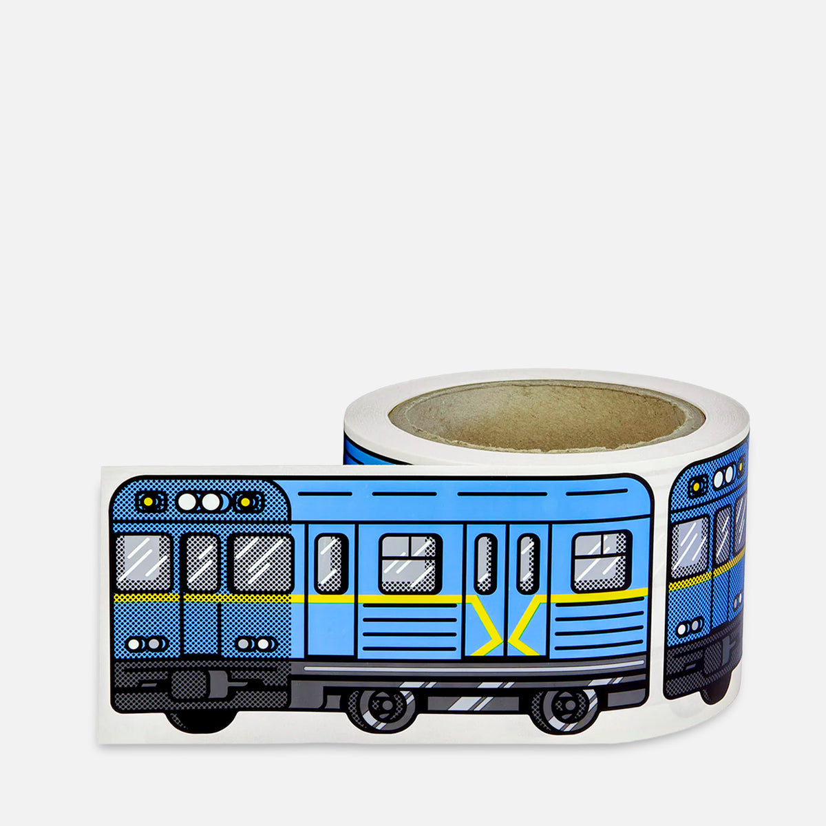 Roll of stickers with a blue train Kyiv Metro design on a grey background