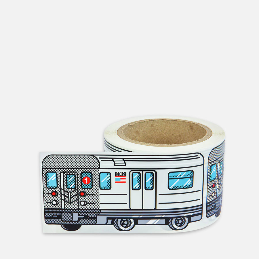 Roll of stickers with a grey train NewYork Subway design on a grey background