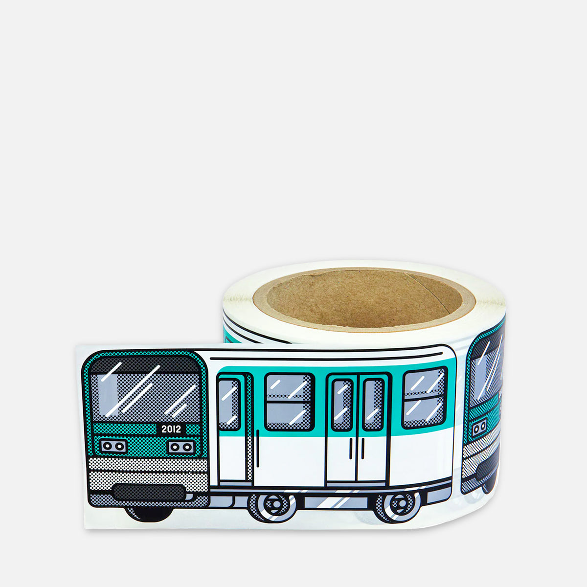 Roll of stickers with a turquoise train Paris Metro design on a grey background
