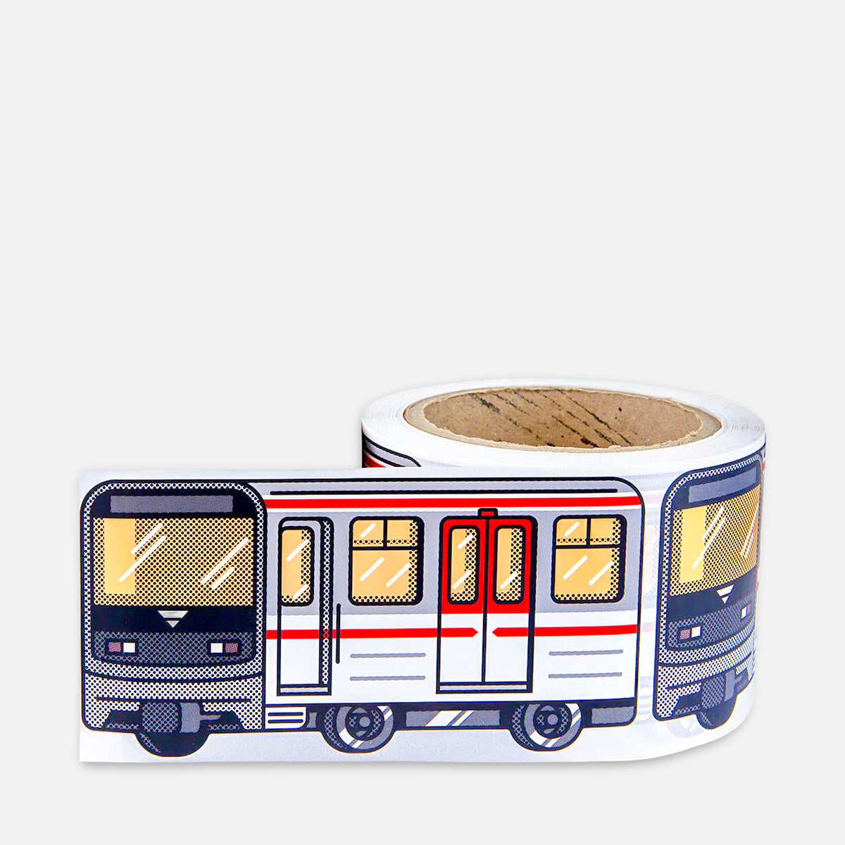 Roll of stickers with a grey red yellow train Prague Metro design on a grey background
