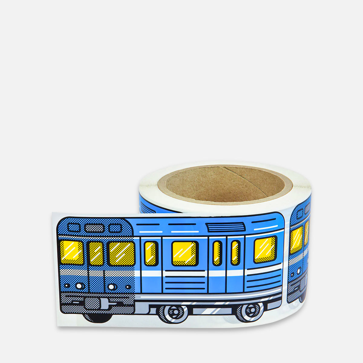 Roll of stickers with a blue train Stockholm Subway design on a grey background