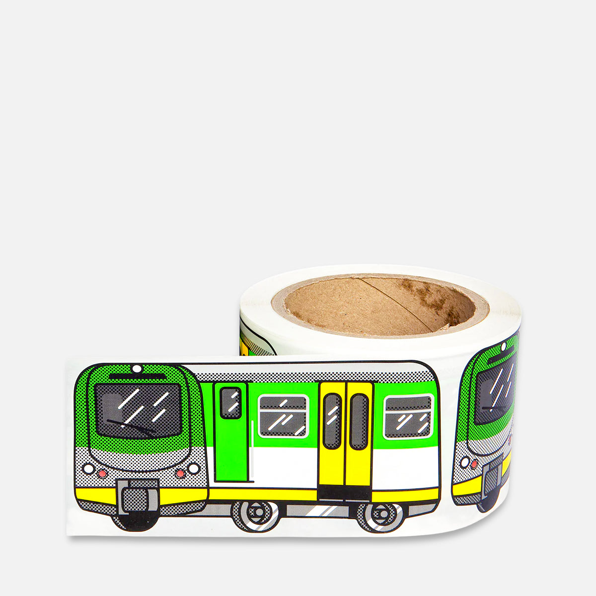 Roll of stickers with a green train Warsaw Train design on a grey background