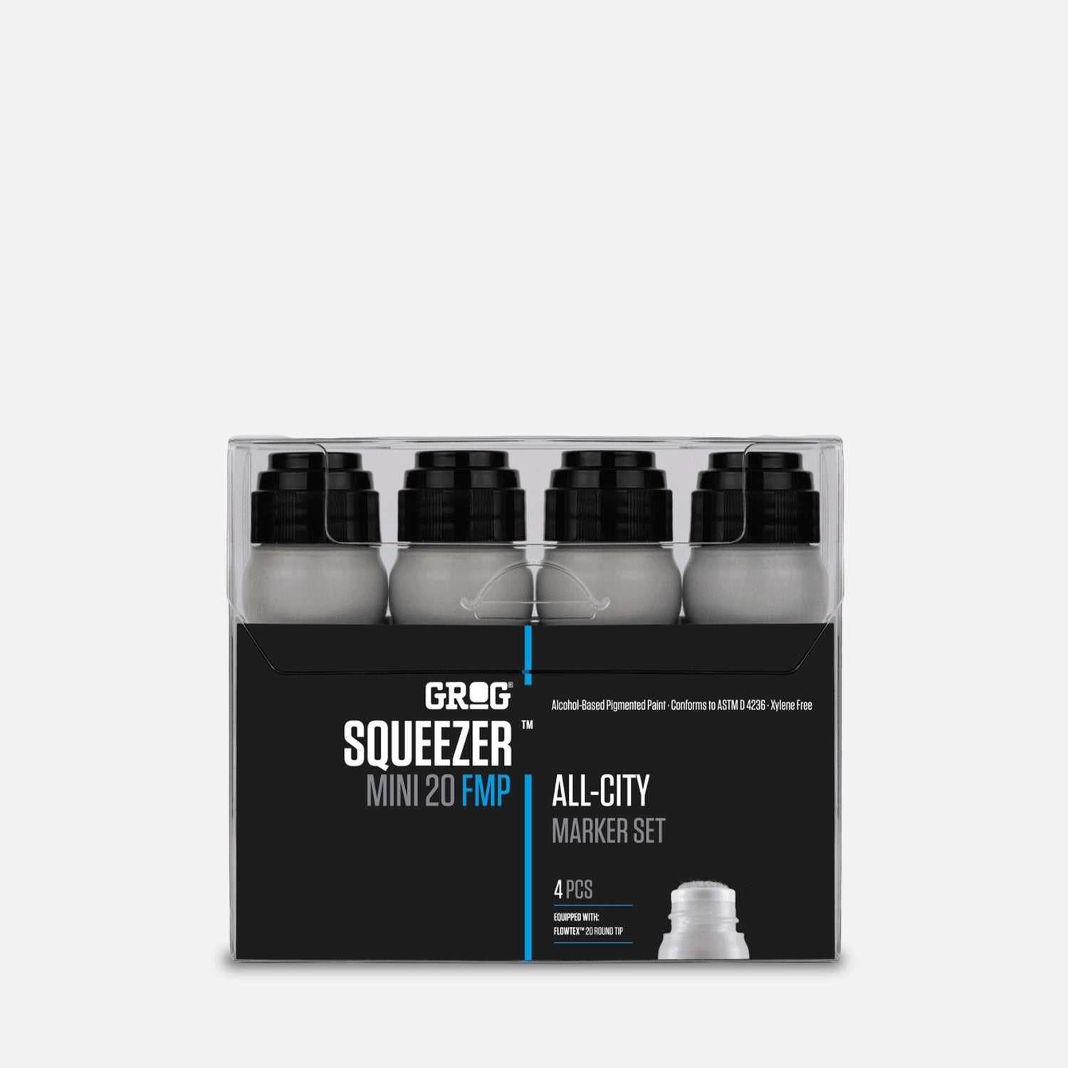 Grog squeezer mini 20 fmp all-city marker set of 4 in clear plastic packaging on grey background