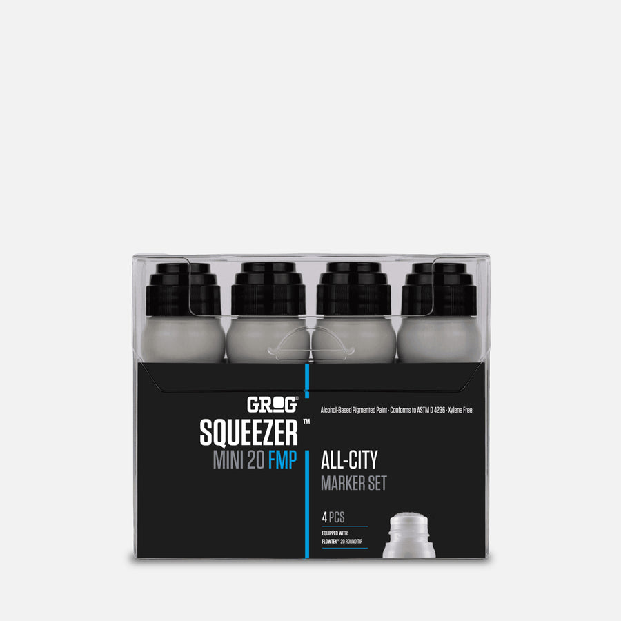 Grog squeezer mini 20 fmp all-city marker set of 4 in clear plastic packaging on grey background