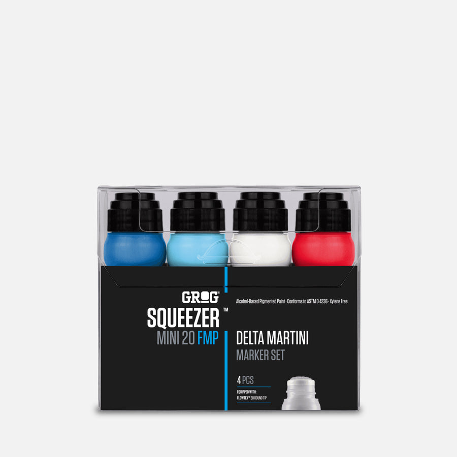 Grog squeezer mini 20 fmp delta martini marker set of 4 in clear plastic packaging on grey background