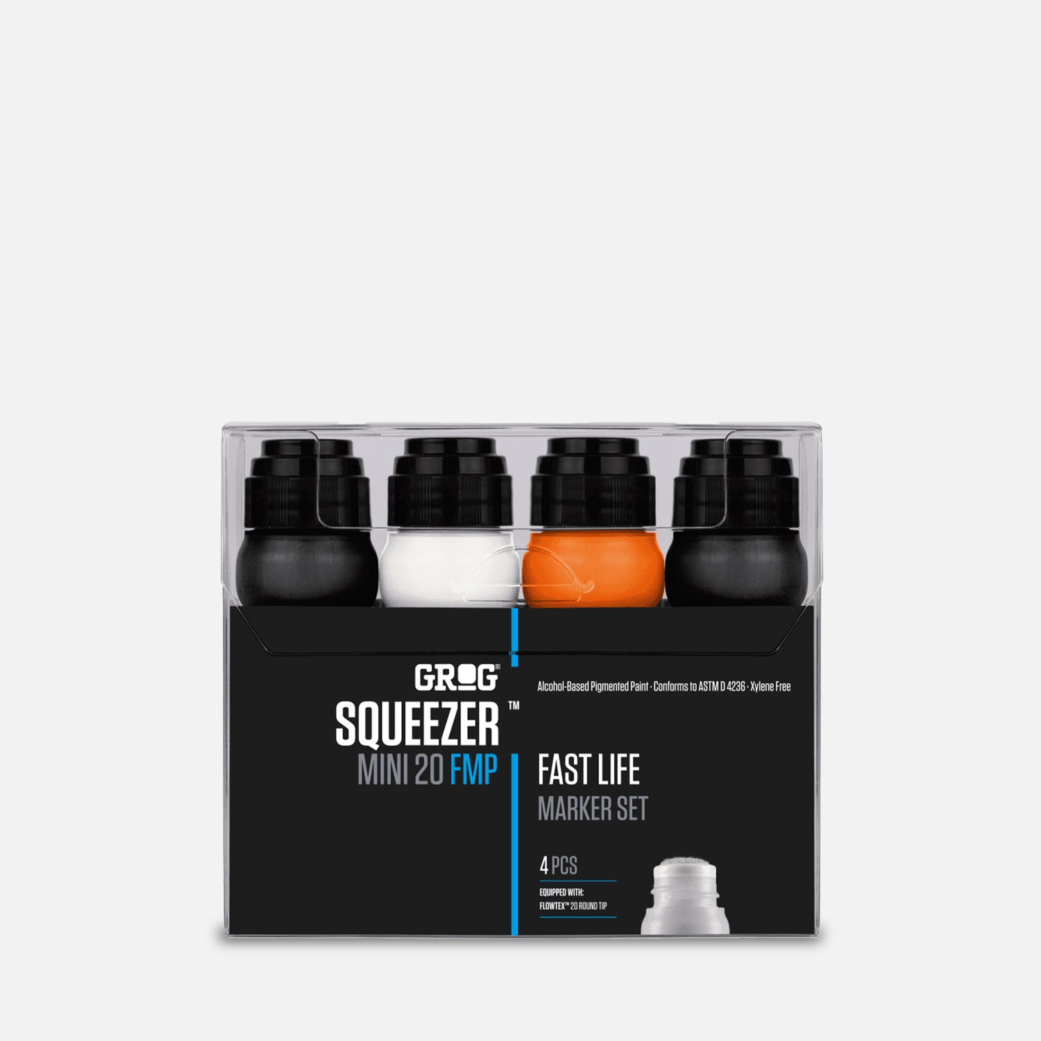 Grog squeezer mini 20 fmp fast life marker set of 4 in clear plastic packaging on grey background