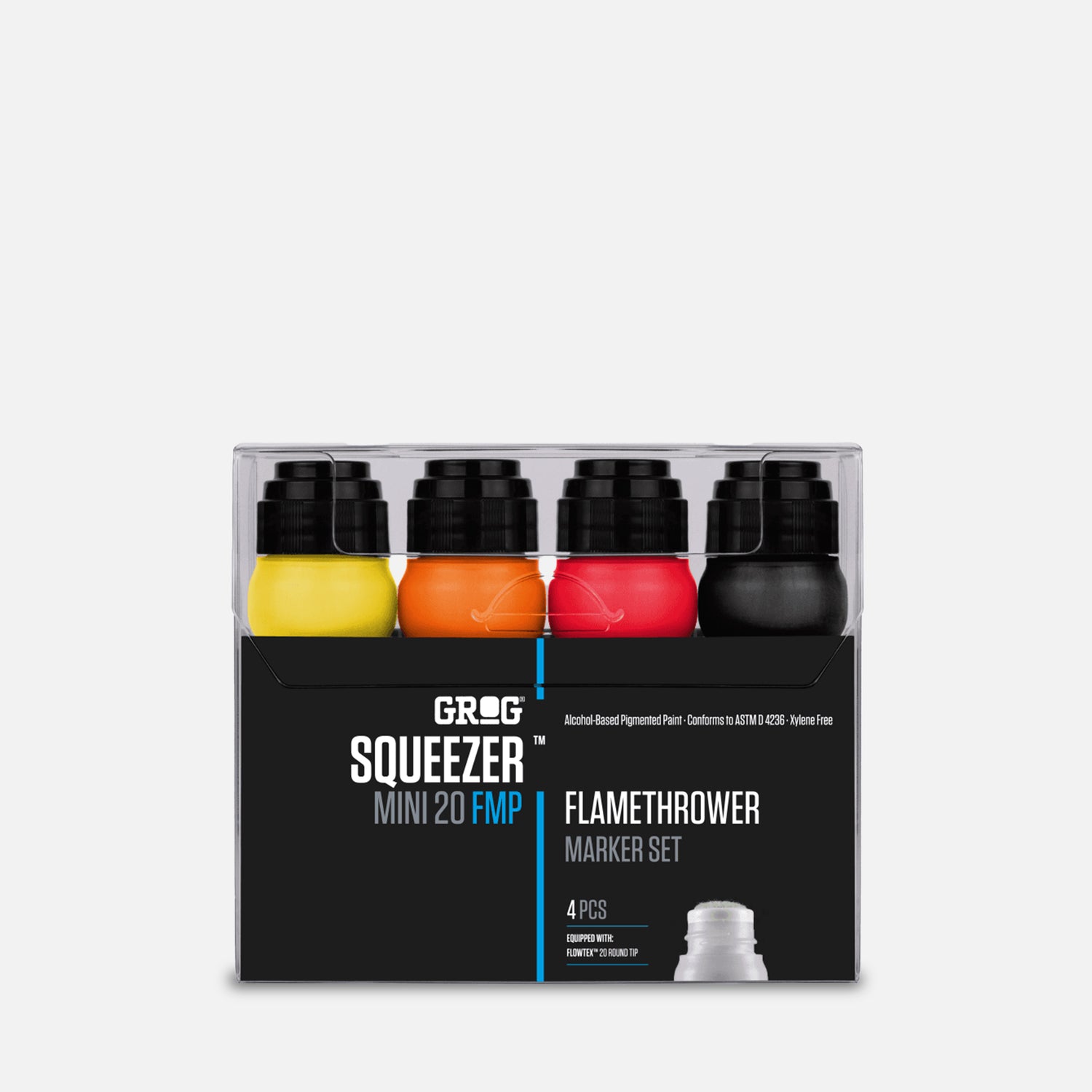 Grog squeezer mini 20 fmp flamethrower marker set of 4 in clear plastic packaging on grey background