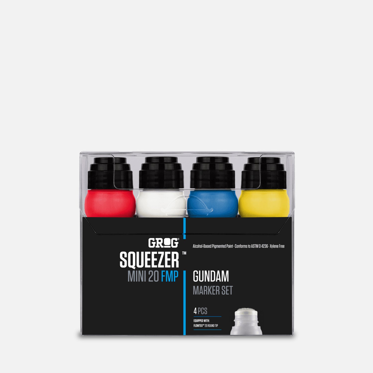 Grog squeezer mini 20 fmp gundam marker set of 4 in clear plastic packaging on grey background