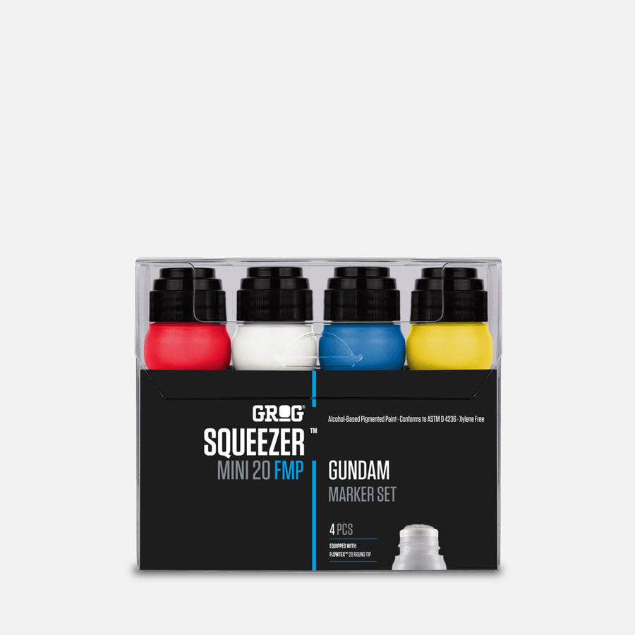 Grog squeezer mini 20 fmp gundam marker set of 4 in clear plastic packaging on grey background