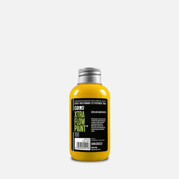 Grog xtra flow paint refill 100ml yellow on a grey background 