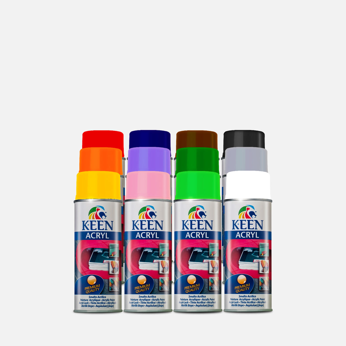 12 Keen 400ml spray paint cans in different colors on a grey background