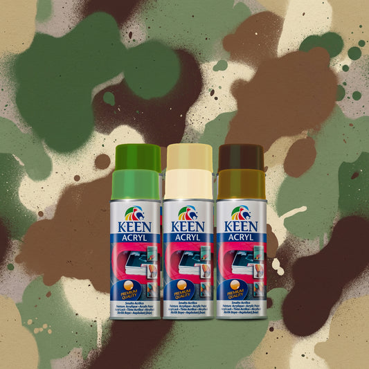 6 Keen spray paint cans on a camouflage background perfect for creating camo 