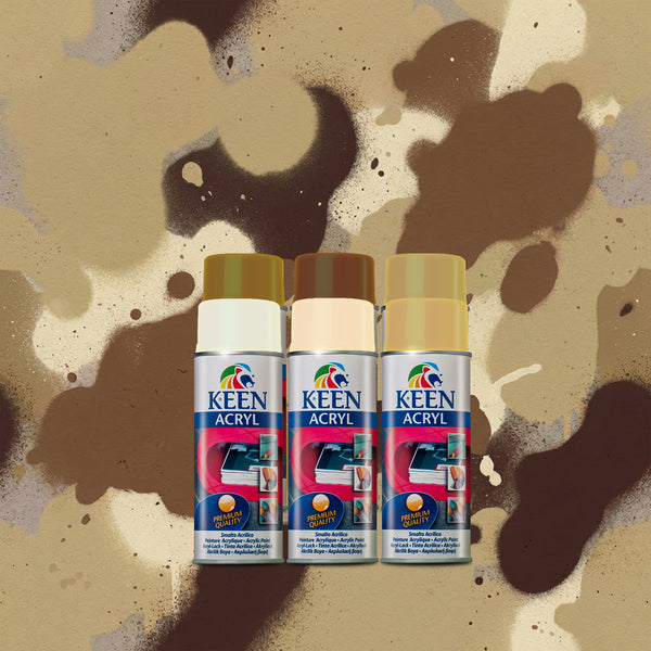 6 Keen spray paint cans on a camouflage background perfect for creating camo 