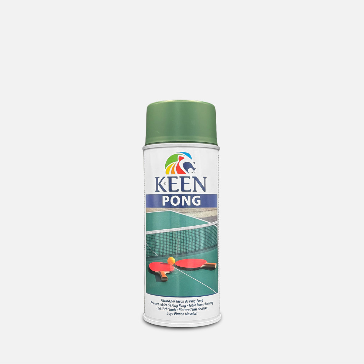 spray paint can of keen pong 400ml on a grey background
