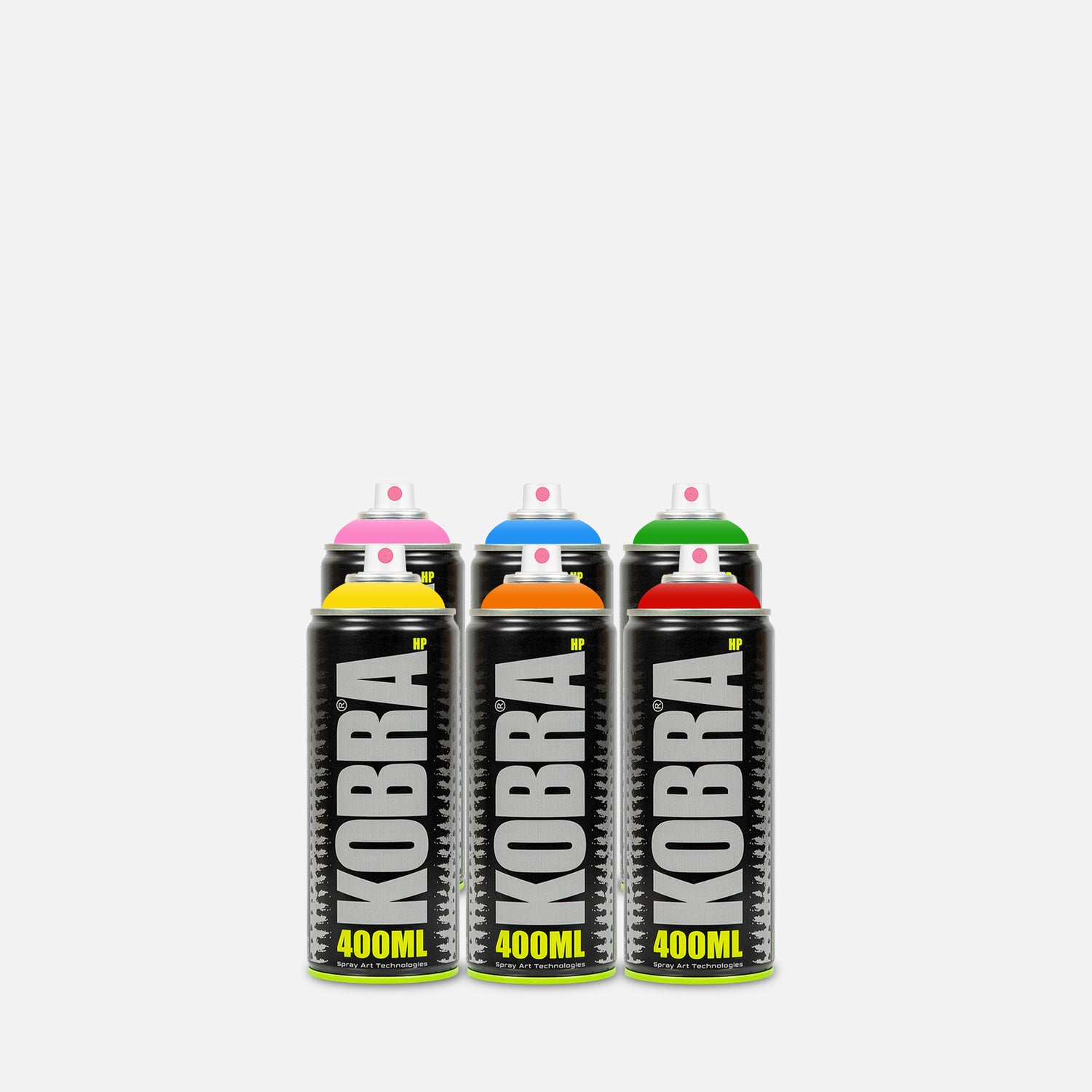 Kobra high pressure spray paint 400ml 6 can pack of assorted colours on grey background 