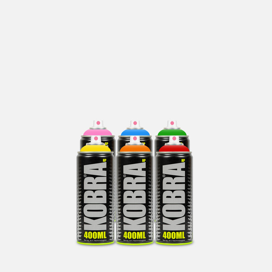 Kobra high pressure spray paint 400ml 6 can pack of assorted colours on grey background 