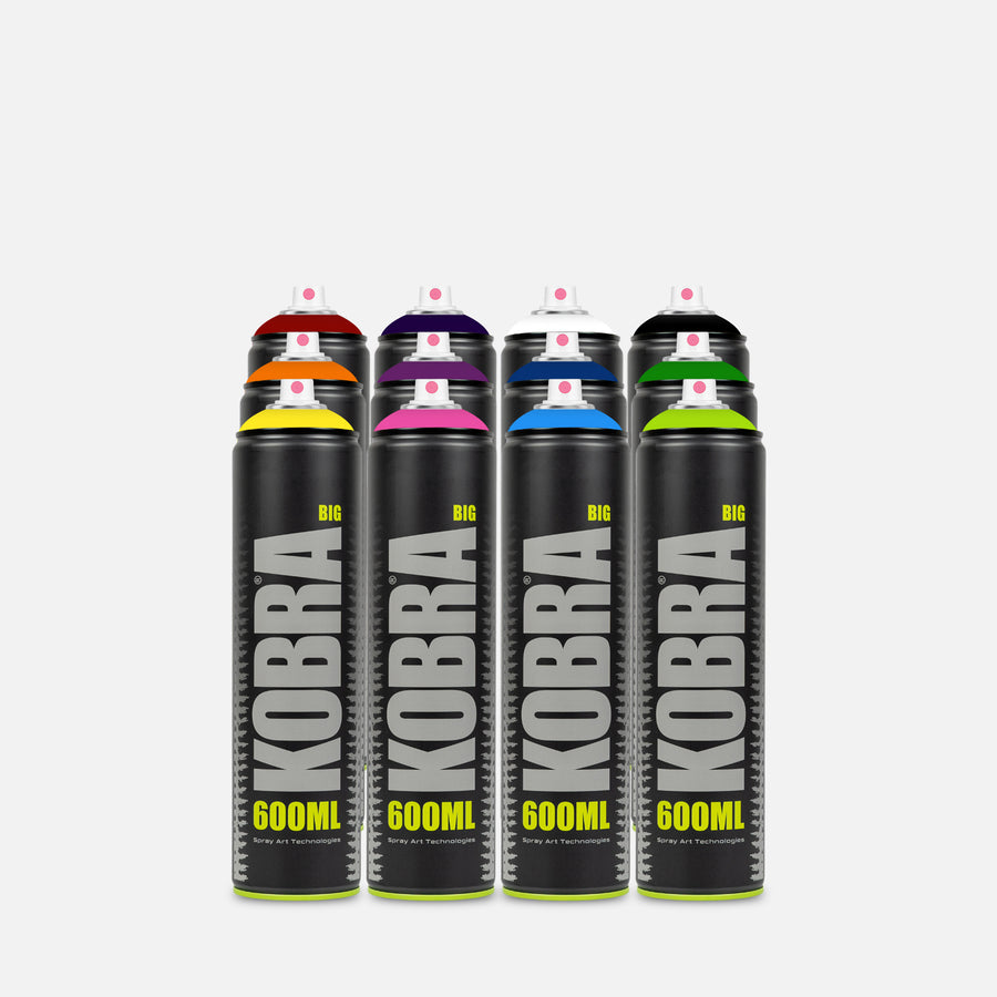Kobra high pressure spray paint 600ml 12 can pack of assorted colours on grey background 