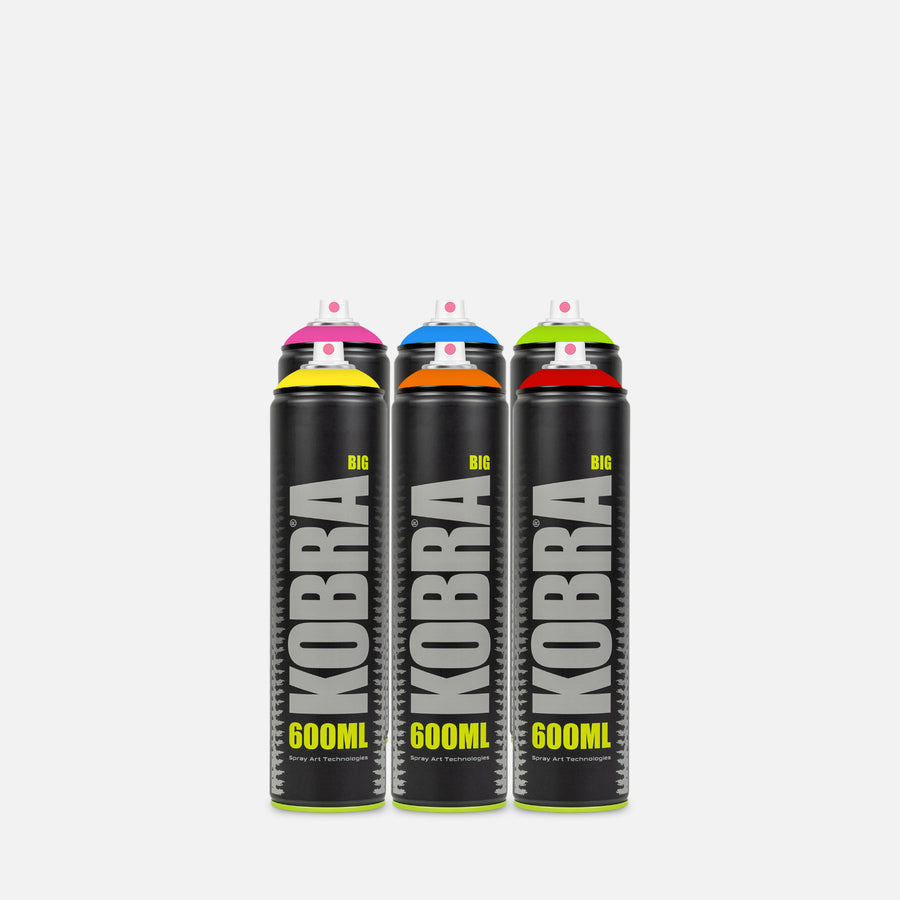 Kobra high pressure spray paint 600ml 6 can pack of assorted colours on grey background 