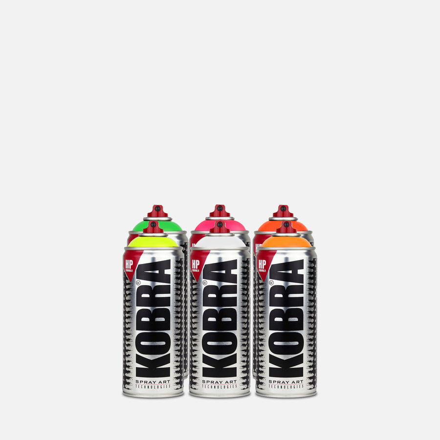 Kobra spray paint 400ml 6 can pack of assorted fluorescent colours on grey background 