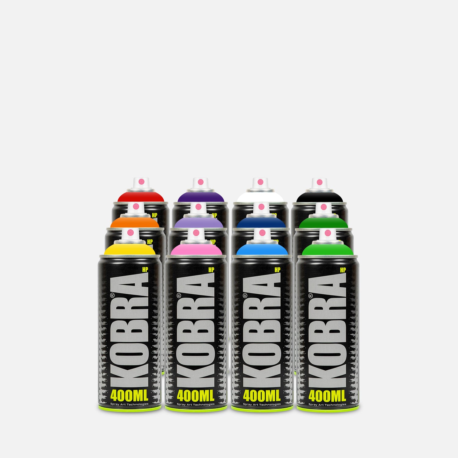 Kobra high pressure spray paint 400ml 12 can pack of assorted colours on grey background 