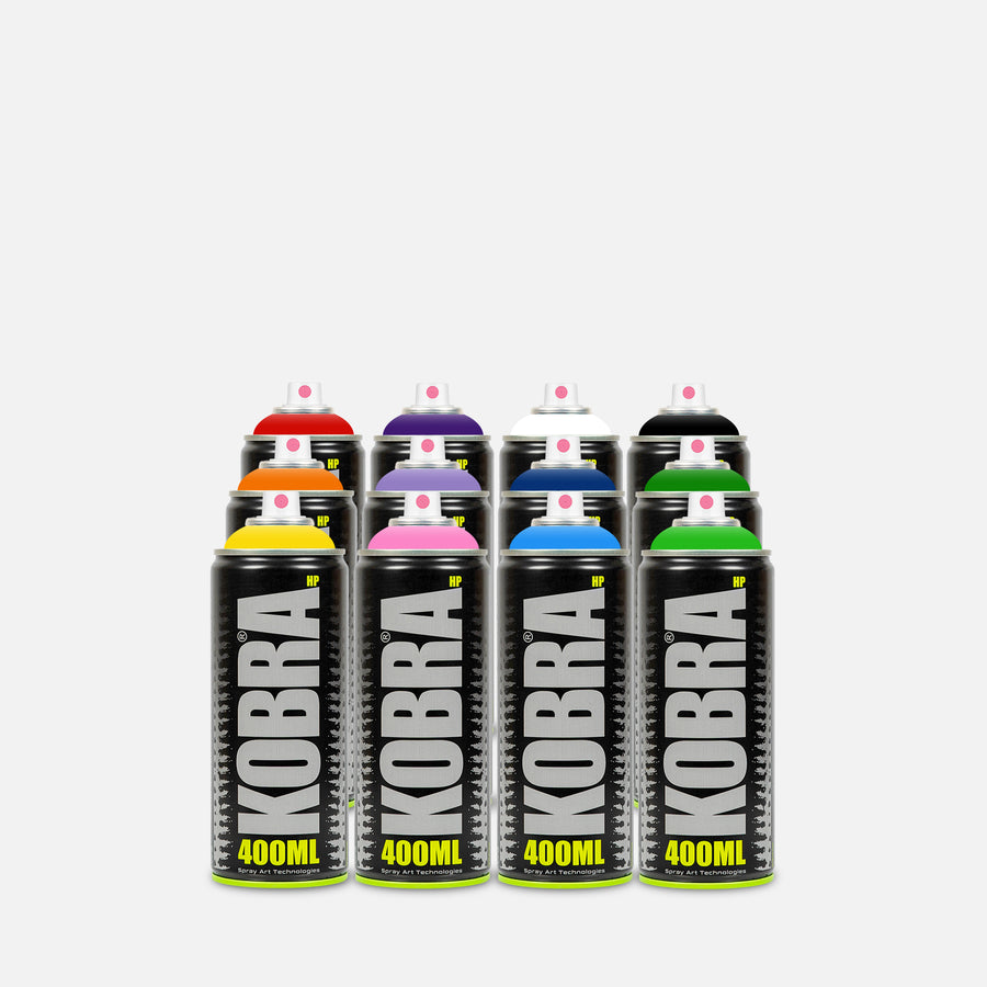 Kobra high pressure spray paint 400ml 12 can pack of assorted colours on grey background 