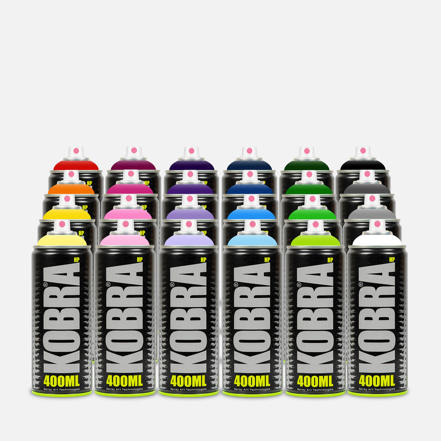 Kobra high pressure spray paint 400ml 24 can pack of assorted colours on grey background 