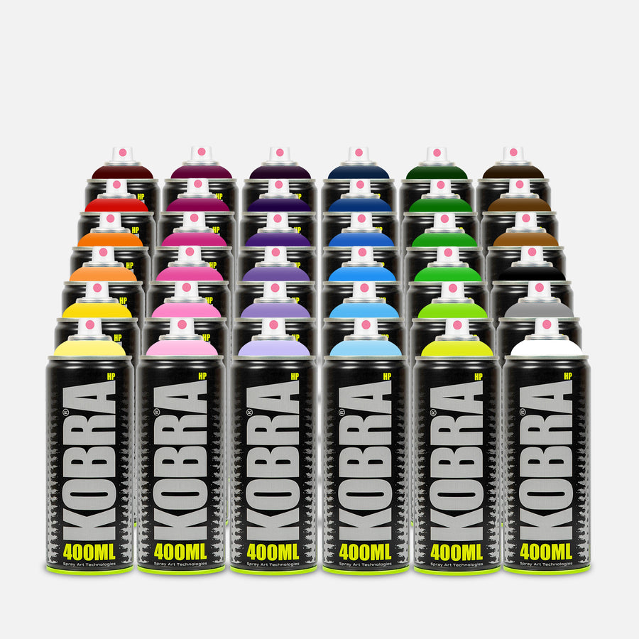 Kobra high pressure spray paint 400ml 36 can pack of assorted colours on grey background 