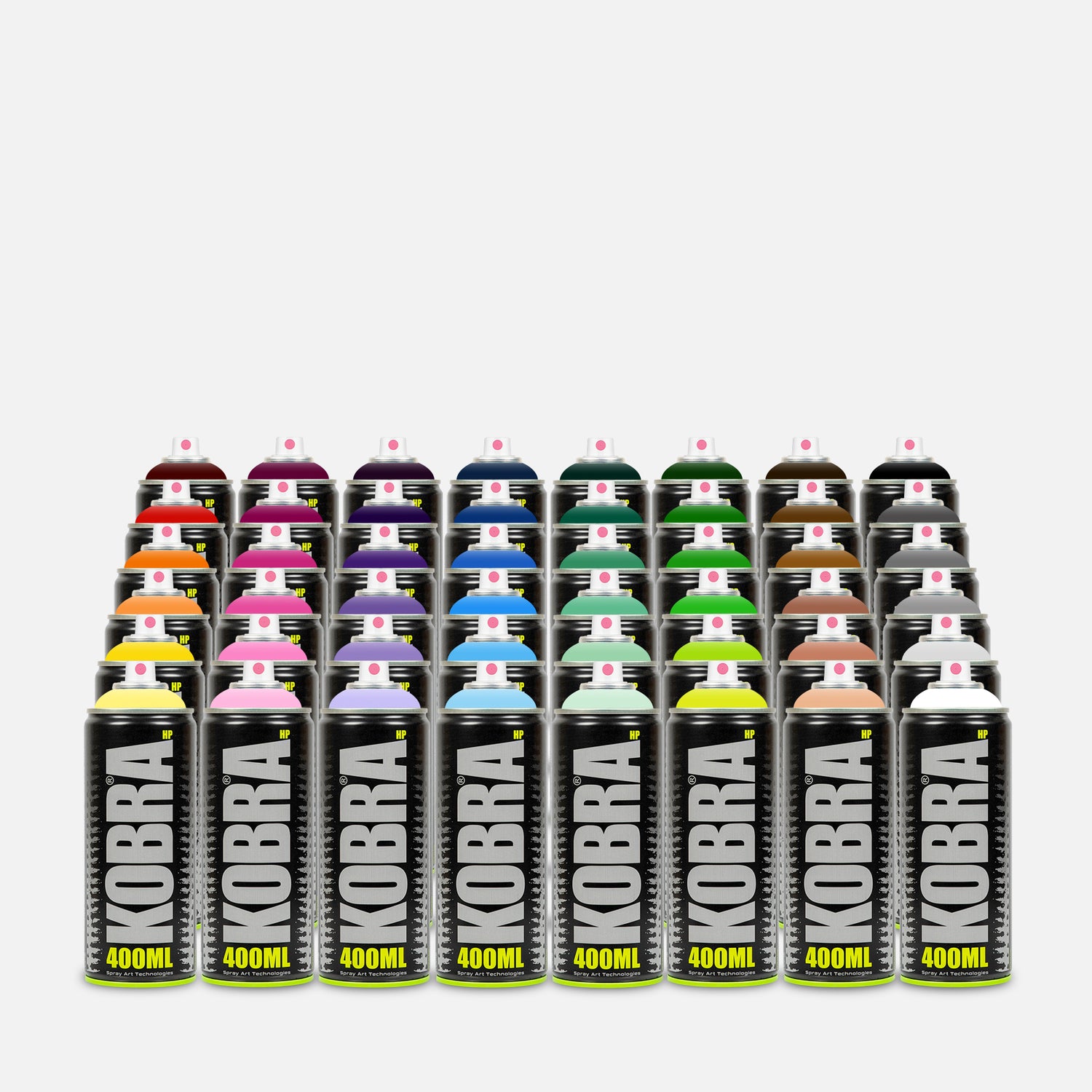 Kobra high pressure spray paint 400ml 48 can pack of assorted colours on grey background 