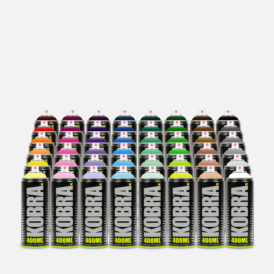 Kobra high pressure spray paint 400ml 48 can pack of assorted colours on grey background 