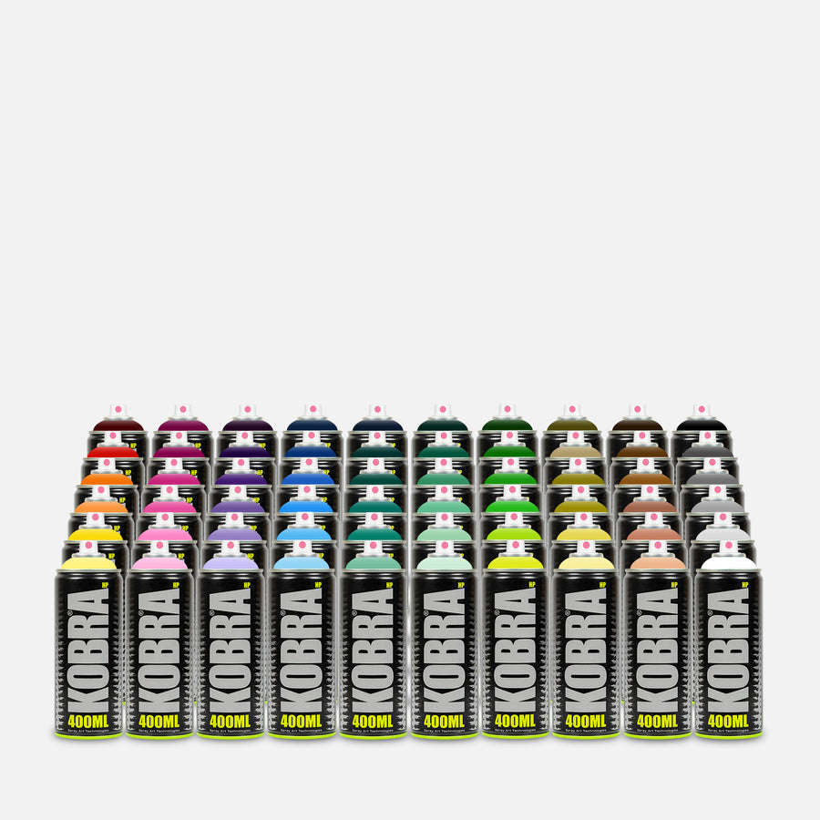 Kobra high pressure spray paint 400ml 60 can pack of assorted colours on grey background