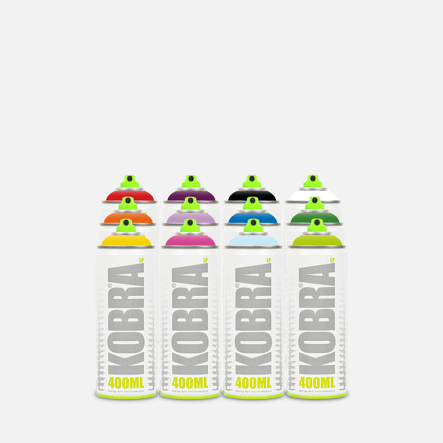 Kobra low pressure spray paint 400ml 12 can pack of assorted colours on grey background 