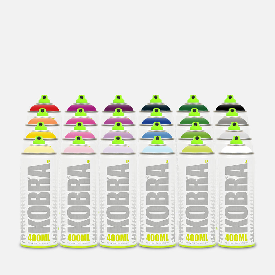 Kobra low pressure spray paint 400ml 24 can pack of assorted colours on grey background 