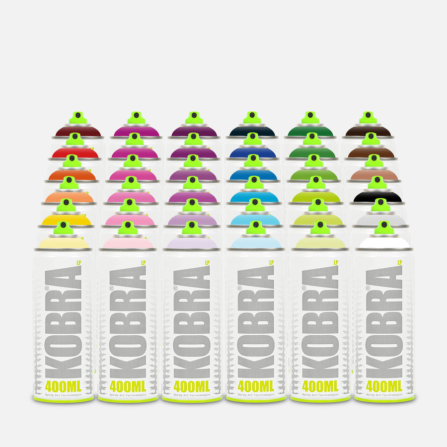 Kobra low pressure spray paint 400ml 36 can pack of assorted colours on grey background 