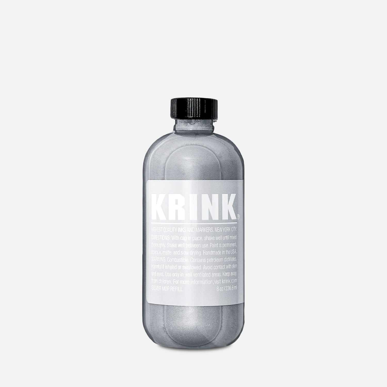 Krink International Silver Ink 236.6ML metallic silver refill ink bottle shown on grey background