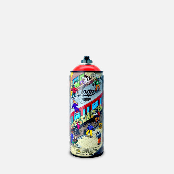 Colorful loop spray paint can with a street art design on a grey background