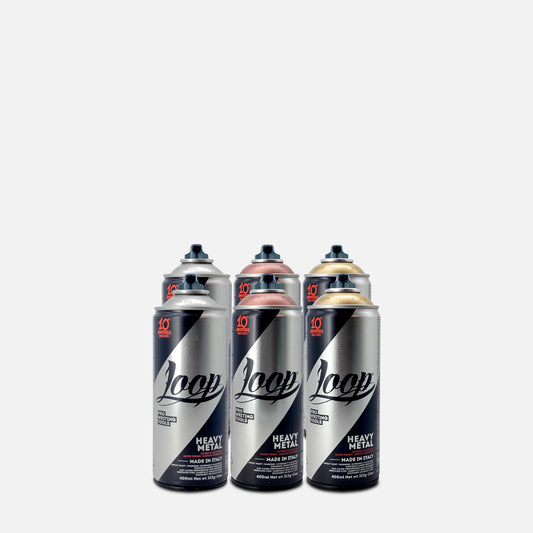 2 cans of loop silver lp-400 400ml and 2 cans of copper lp-402 and 2 cans of gold lp-401 on grey background