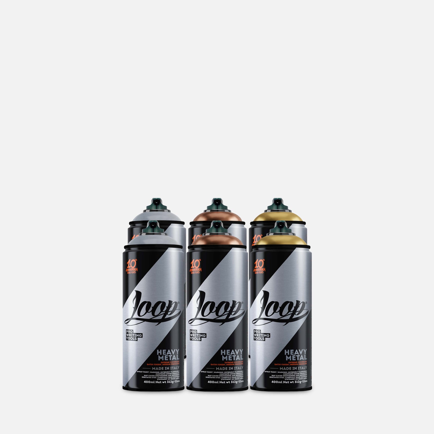 Loop spray paint 400ml 6 can pack of metallic colours on grey background 