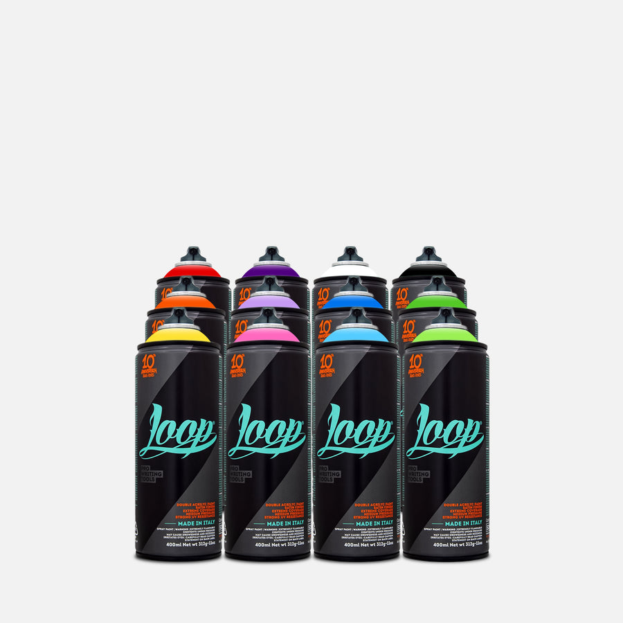 Loop spray paint 400ml 12 can pack of assorted colours on grey background 