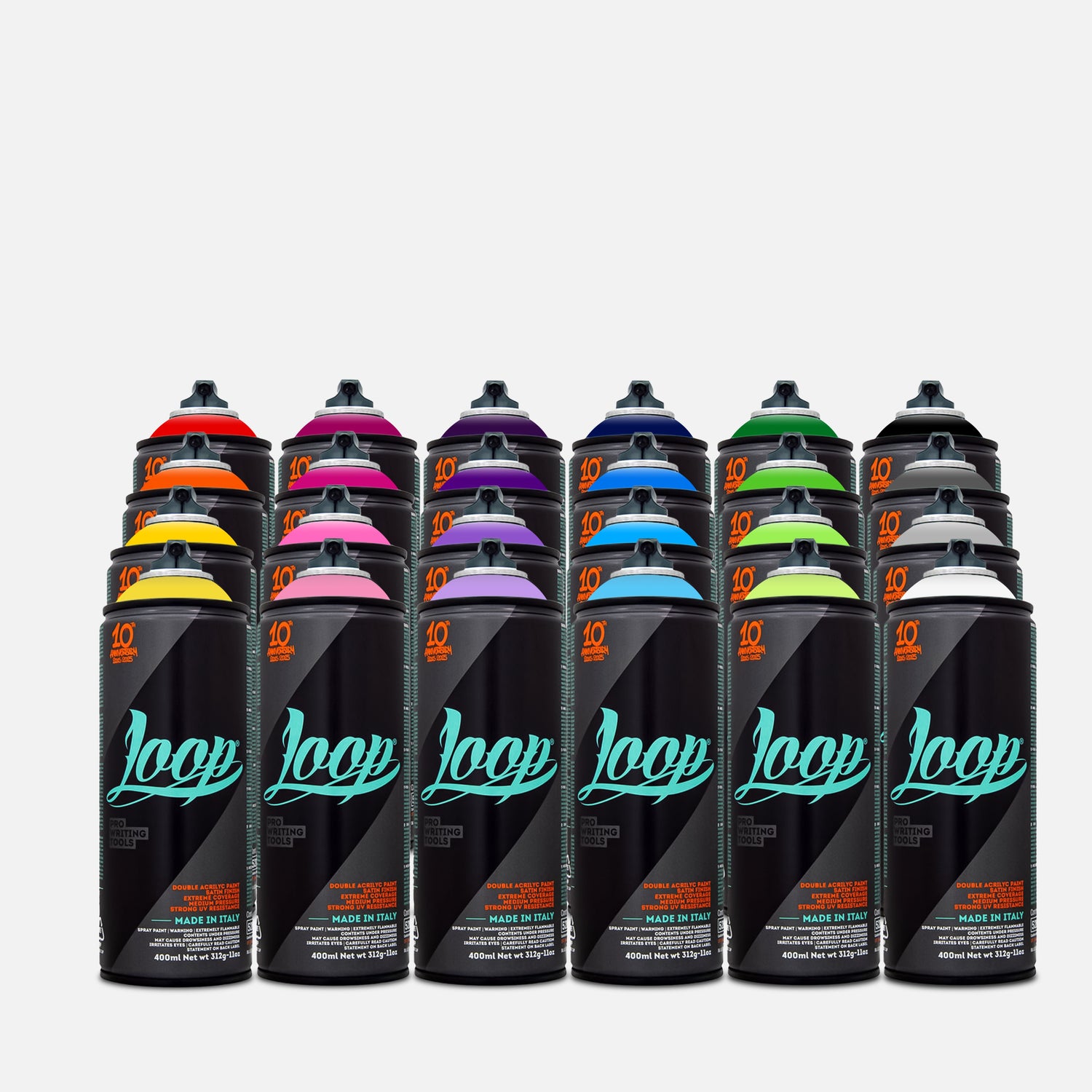 Loop spray paint 400ml 24 can pack of assorted colours on grey background 