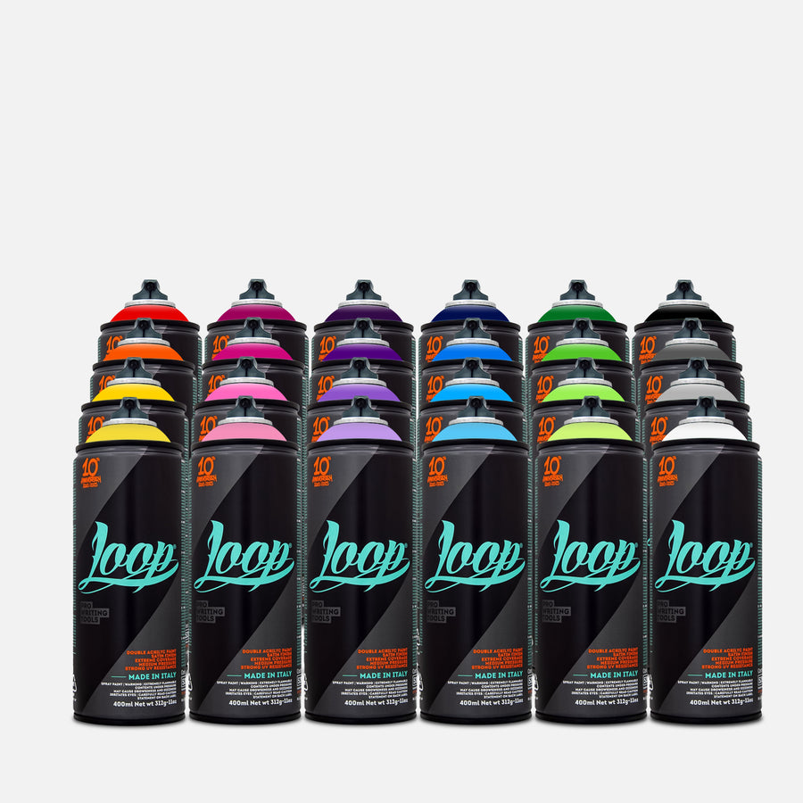 Loop spray paint 400ml 24 can pack of assorted colours on grey background 