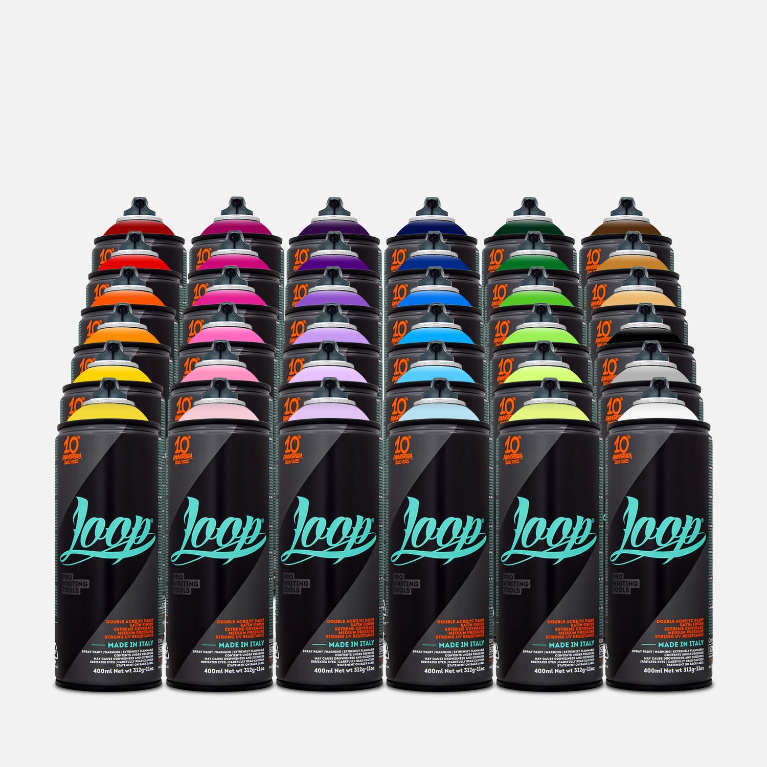 Loop spray paint 400ml 36 can pack of assorted colours on grey background 
