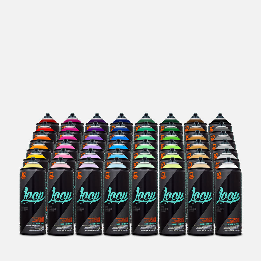 Loop spray paint 400ml 48 can pack of assorted colours on grey background 