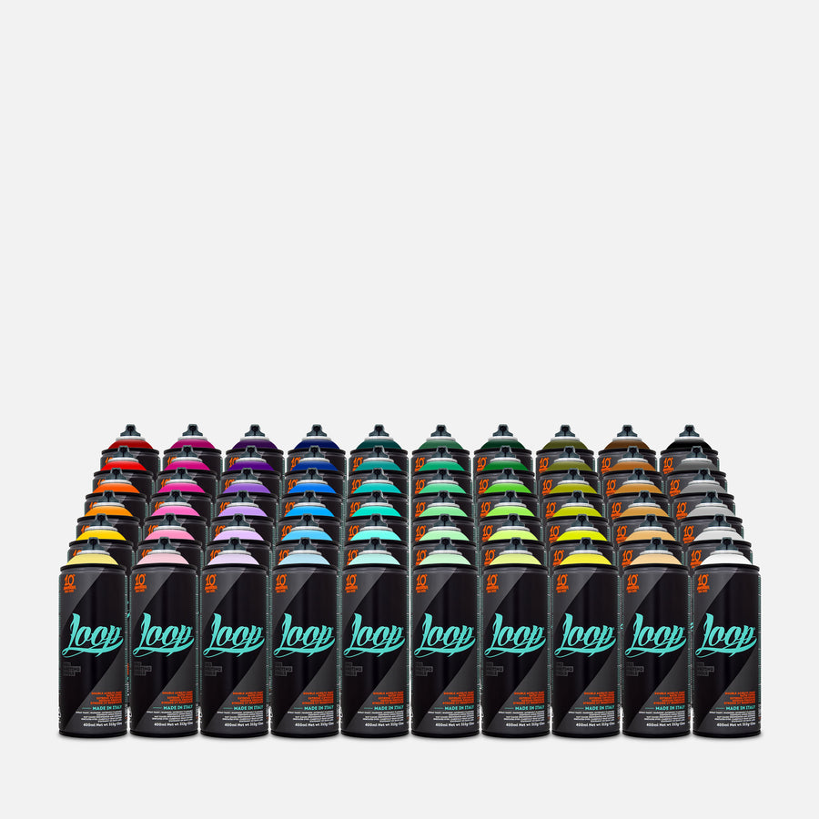 Loop spray paint 400ml 60 can pack of assorted colours on grey background 